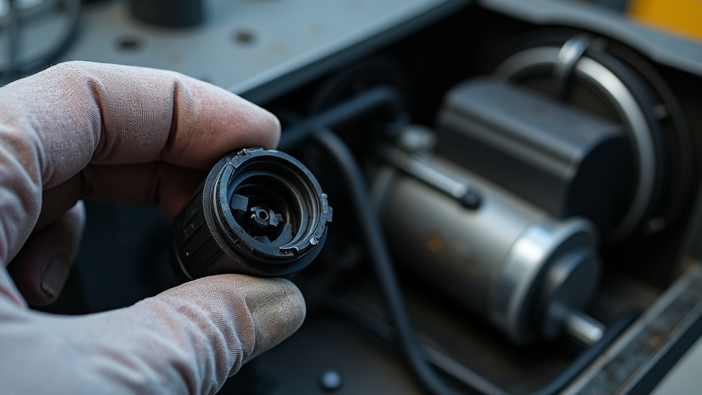 Close-up inspection of a cracked pump coupling inside a fog machine.