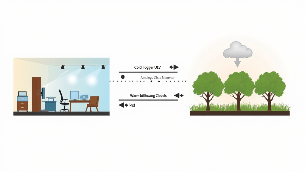 Diagram comparing cold fogging for indoor spaces versus thermal fogging for outdoor areas.