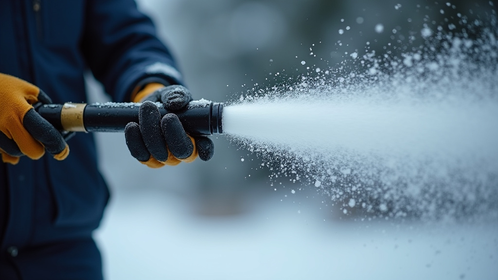 Pressure washer spraying cold water to make snow in freezing temperatures.