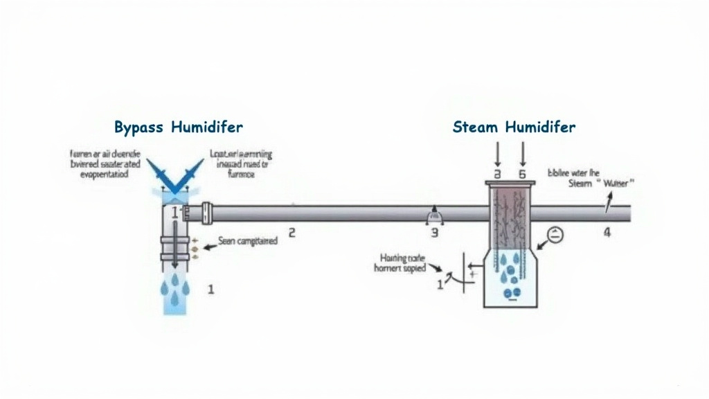 Diagram comparing bypass and steam whole house humidifier installation and operation.