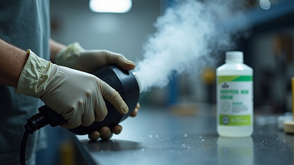 Close-up of a hydrogen peroxide fogging machine emitting disinfectant mist.