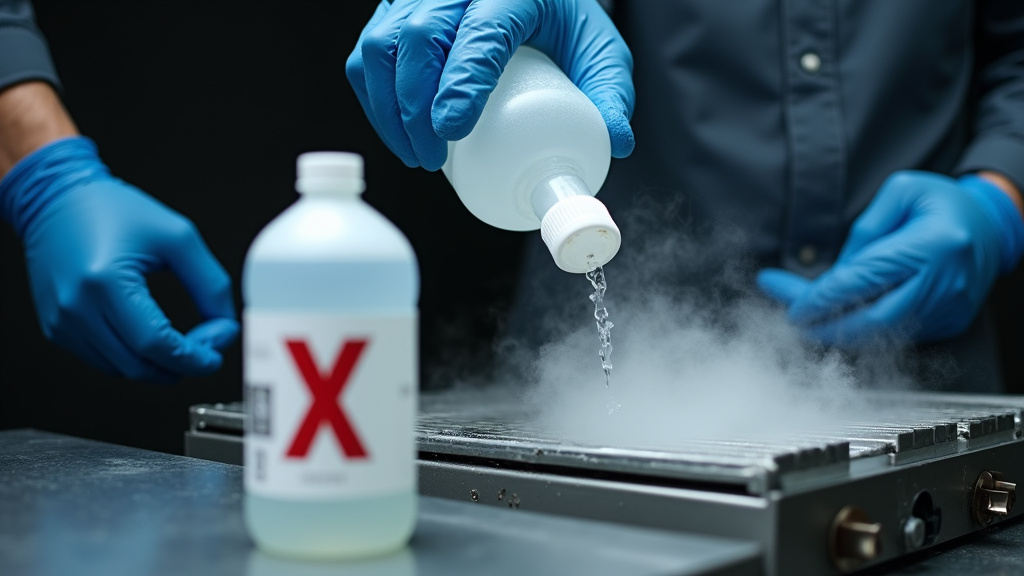 Pouring specialized low-lying fog fluid into a fog machine chiller unit.