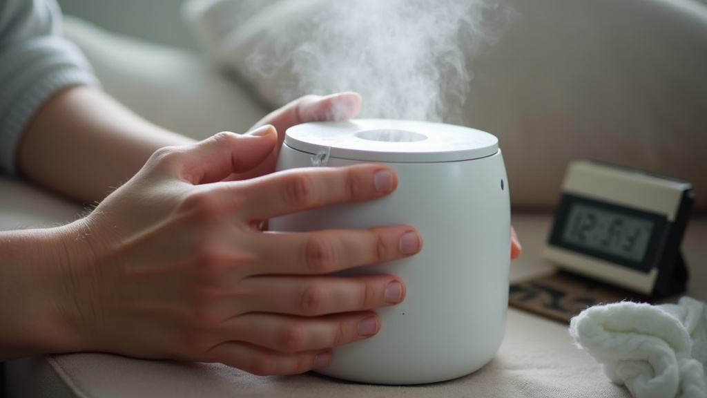 Warm-mist humidifier emitting steam with hands feeling the localized vapor warmth.