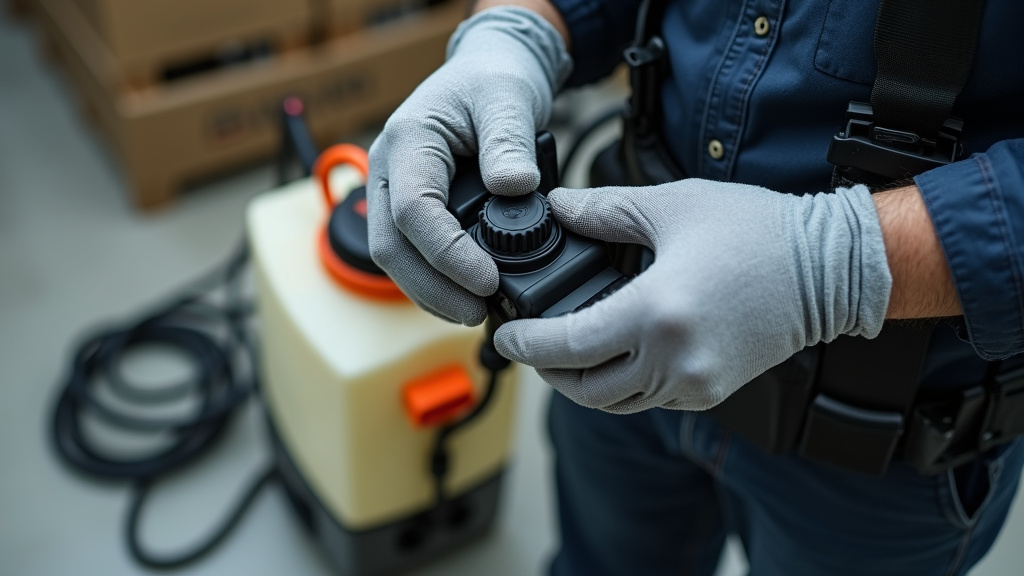 Technician adjusting flow control on a backpack ULV fogger for indoor use.
