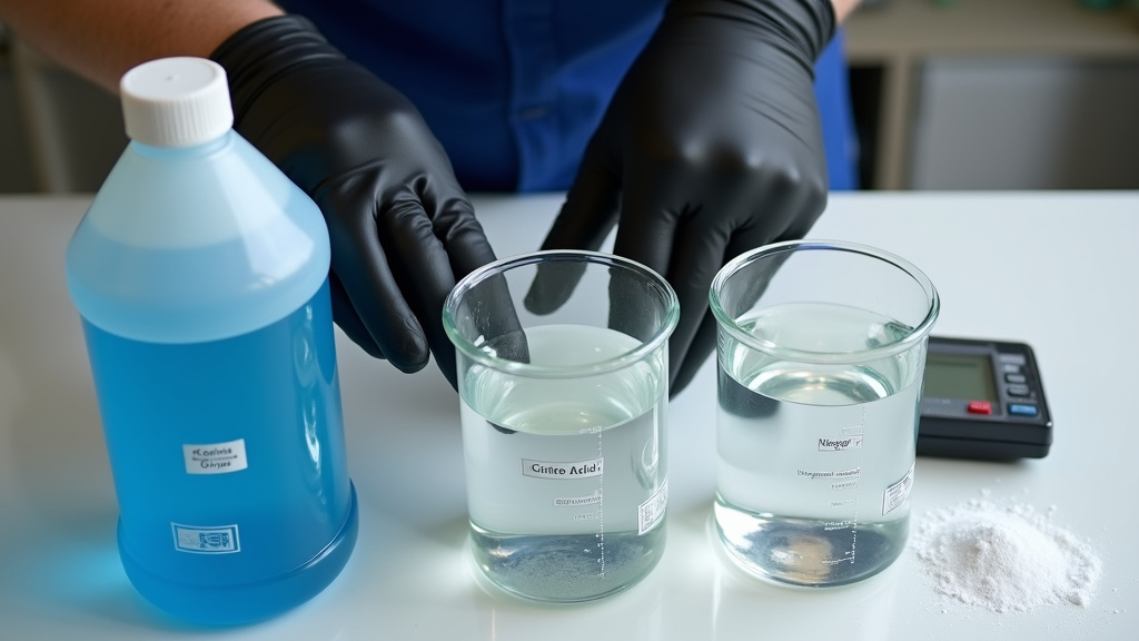 Three haze machine cleaning solutions: commercial fluid, vinegar mix, and citric acid.