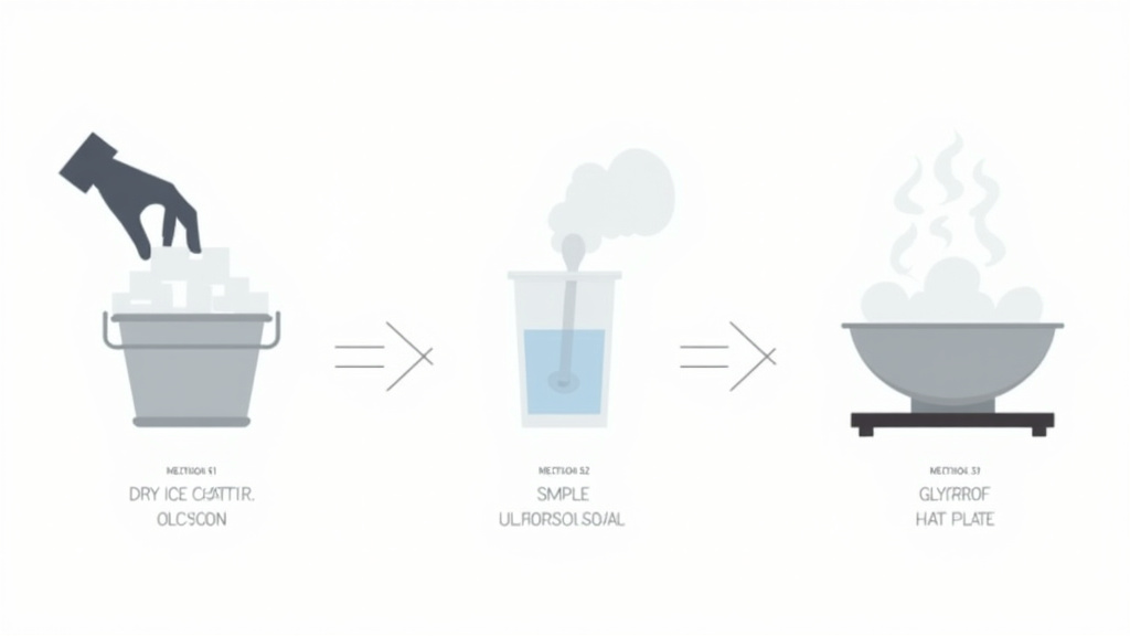 Side-by-side visual comparison of dry ice, ultrasonic, and glycerin DIY fog methods.