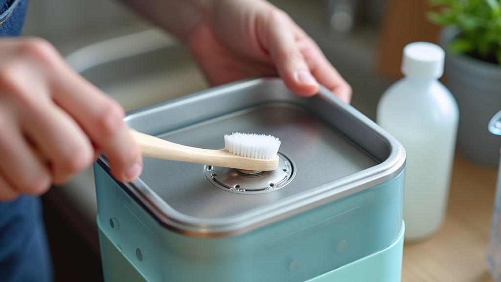 Cleaning vanilla extract residue from a diffuser tank with vinegar and a brush.
