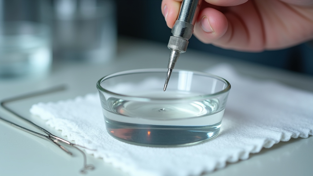 Cleaning a haze machine nozzle by soaking it in isopropyl alcohol.