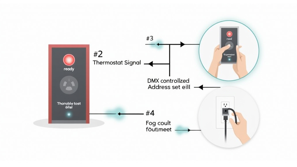 Troubleshooting fog machine control issues with thermostat light and DMX bypass.