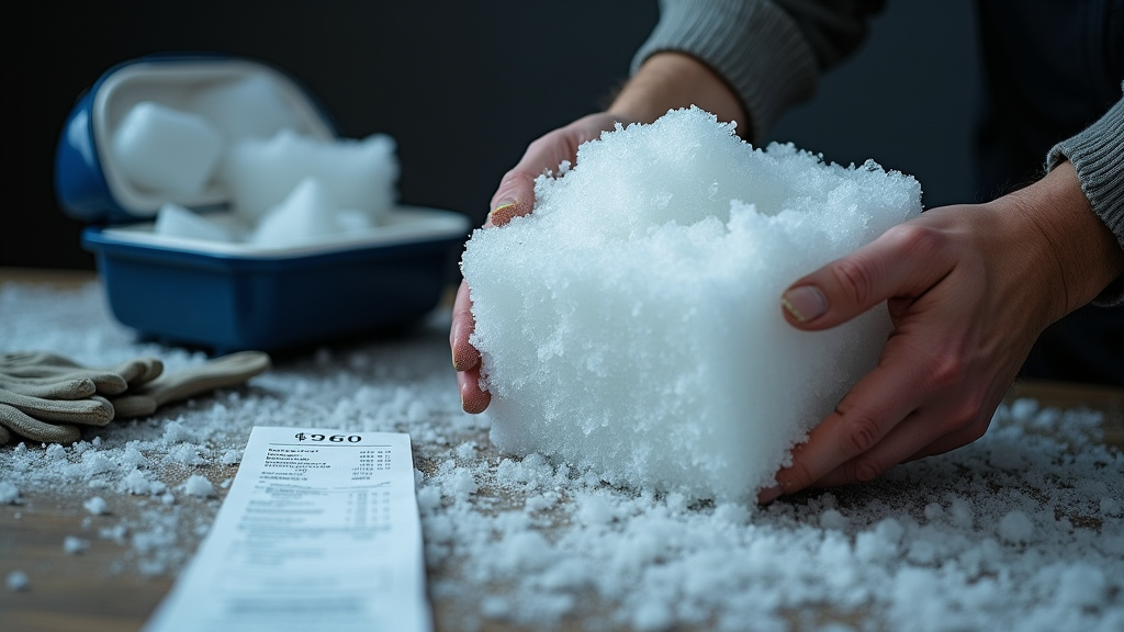 Hands holding a block of dry ice next to a receipt and gloves for fog machine cost analysis
