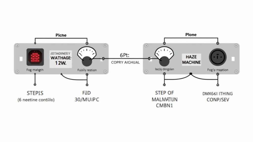 Diagram comparing fog machine wattage specs to haze machine DMX and fluid control.