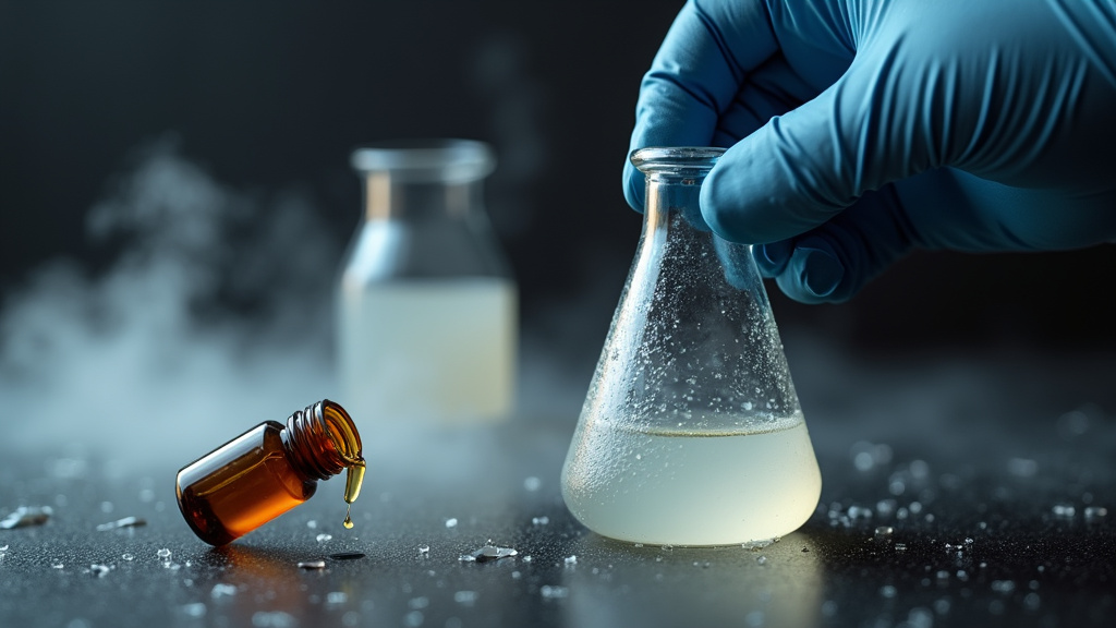 close-up of adding scented oil to homemade fog machine fluid in a beaker