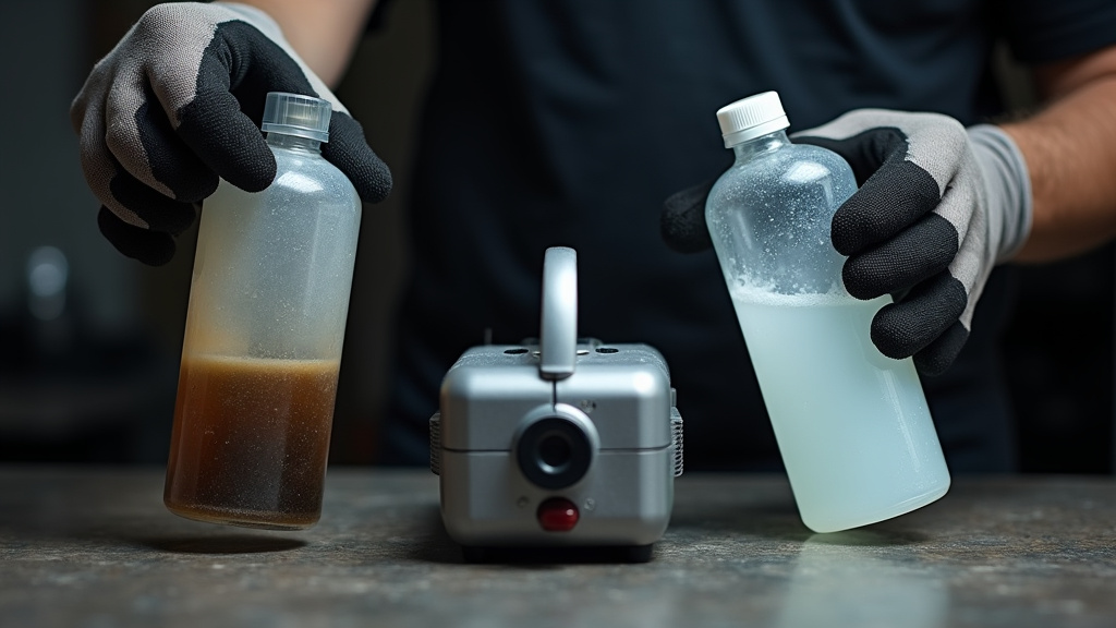 Comparison of clean premium fog juice versus sludgy budget fluid left in machine.