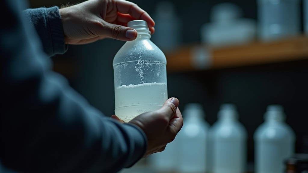 Opened fog juice bottle with half-empty fluid, cap being removed