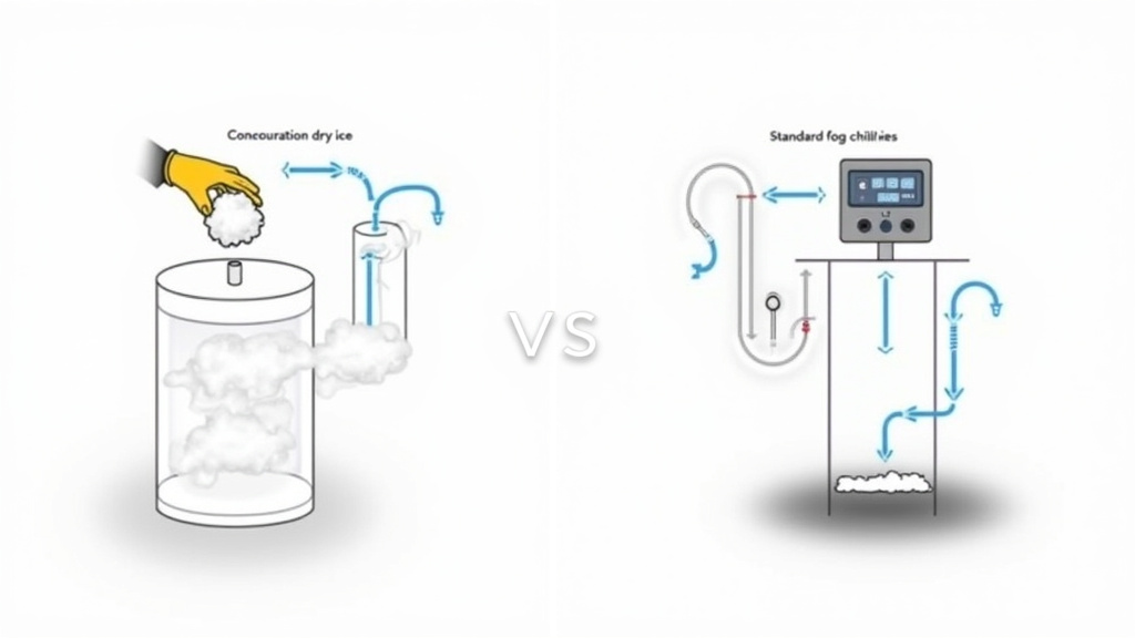 Dry ice fogger versus fog machine with chiller unit comparison diagram.