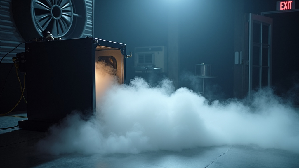 Commercial dry ice fog machine producing CO2 fog with mandatory ventilation fan.