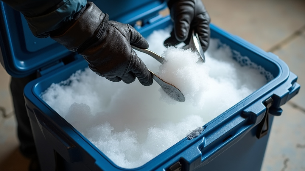 DIY fog machine using tongs to add dry ice to hot water in a cooler.