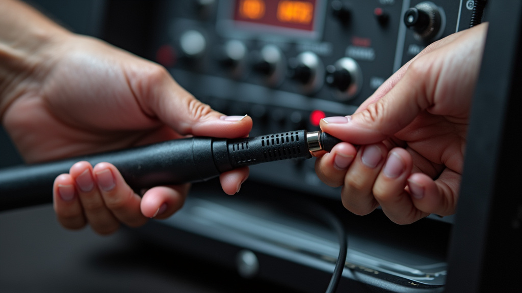 Close-up of proper microphone jack insertion for Karaoke USA GF842 durability.
