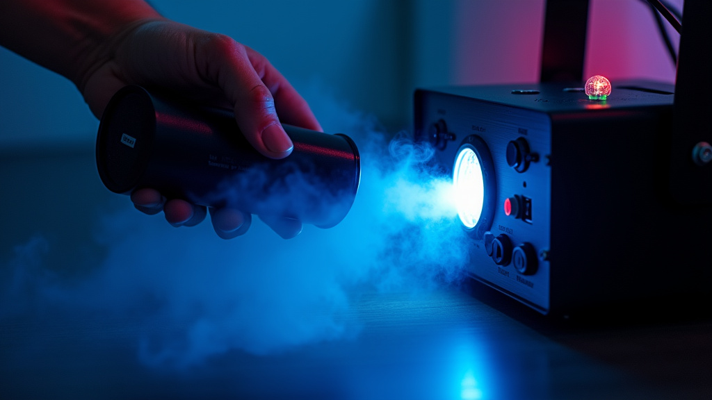 Karaoke setup with fog machine and USB LED light enhancing party atmosphere.