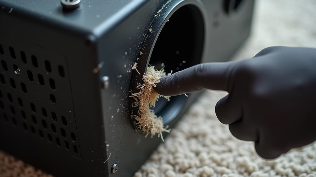 Fog machine air intake clogged with dust and carpet fibers.