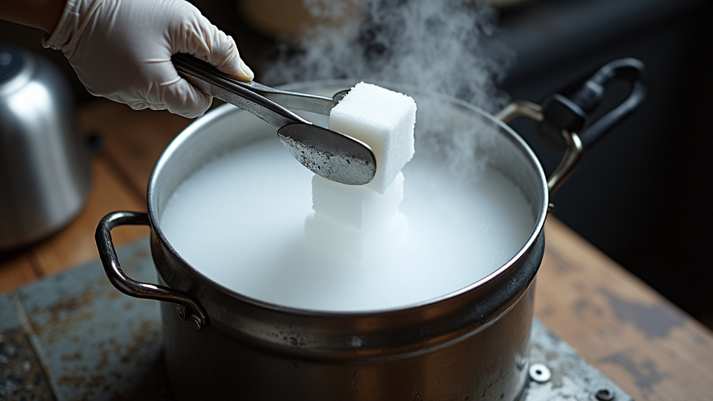 Proper dry ice fog setup with insulated gloves, metal pot, and directing fan.