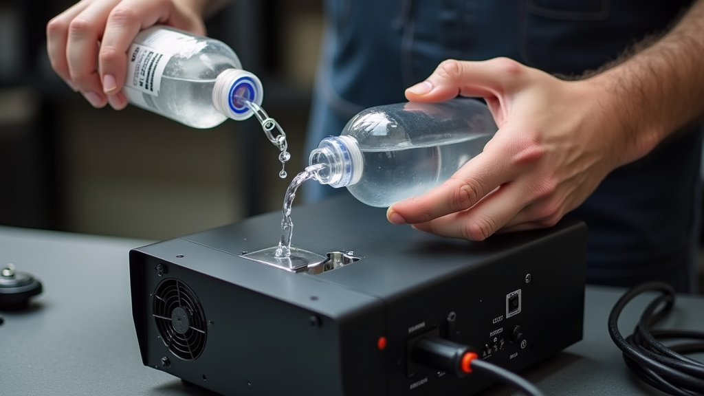 Pouring distilled water into a fog machine reservoir for cleaning and maintenance.