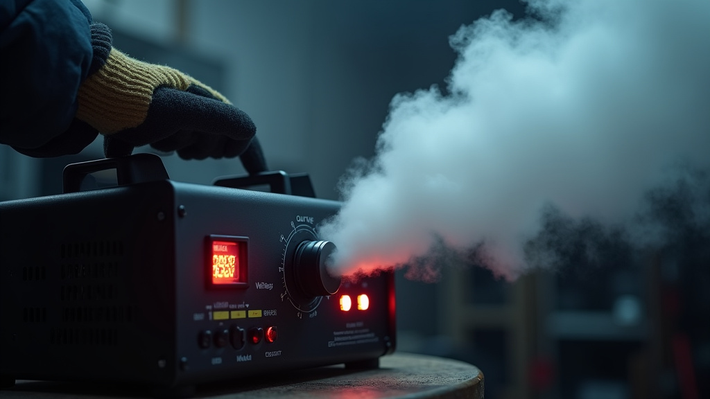 Fog machine at max output in a cold environment, showing factors that increase electricity use.