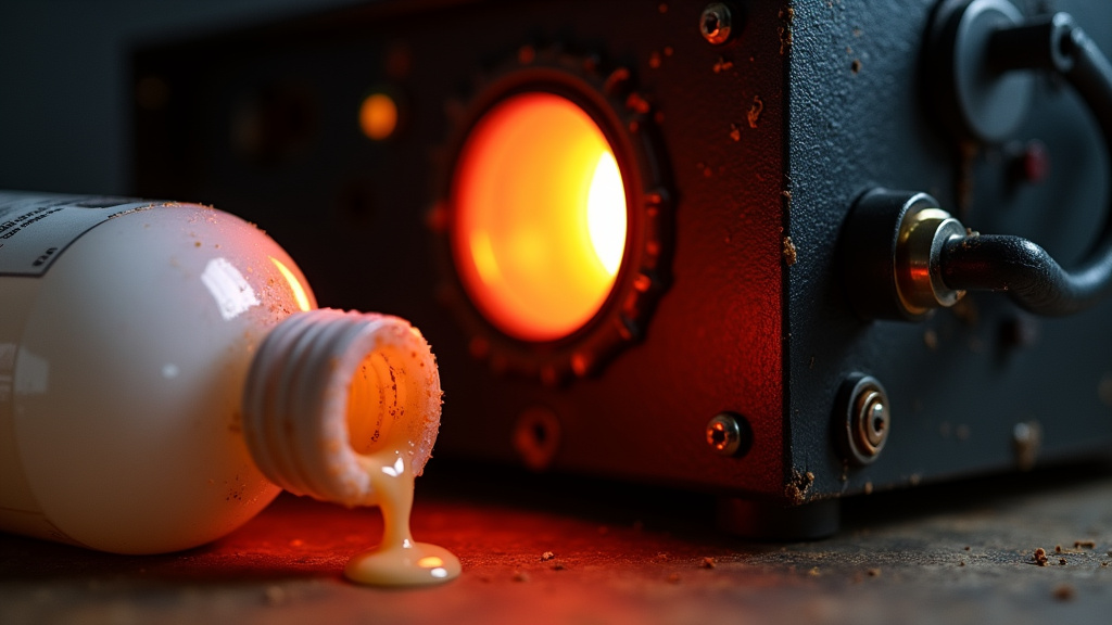 Close-up of a fog machine's hot heating element and sticky residue from cheap fluid.