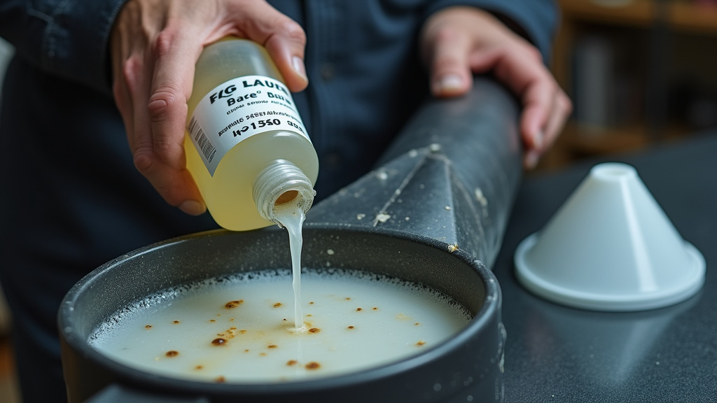 Checking fog juice expiration date before pouring into a dirty machine tank.