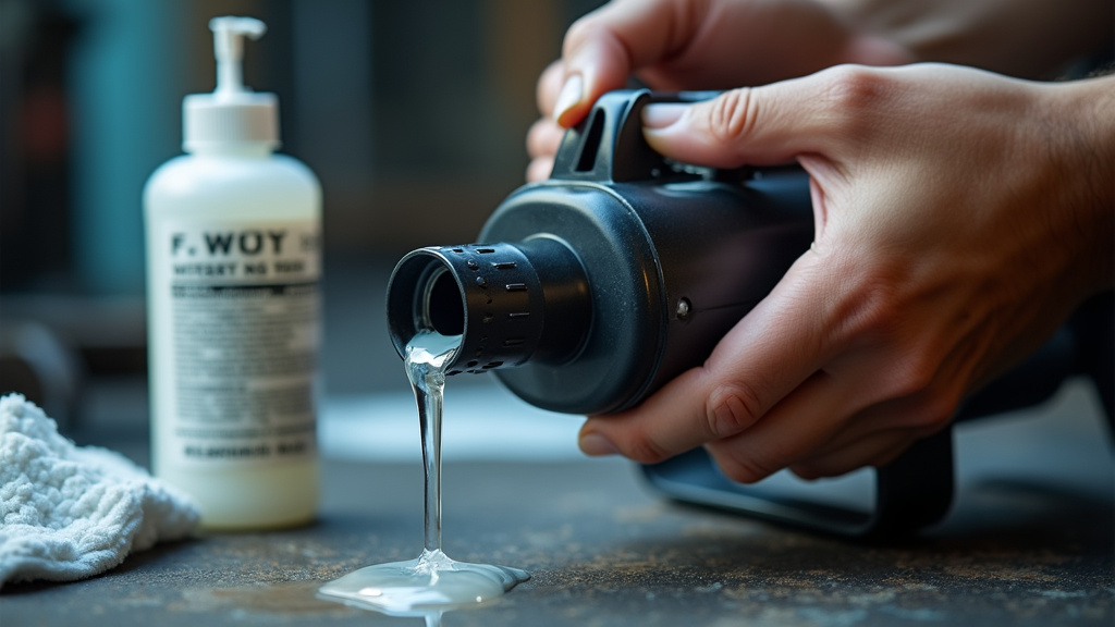 Fog machine maintenance, cleaning nozzle with fluid bottle on workbench