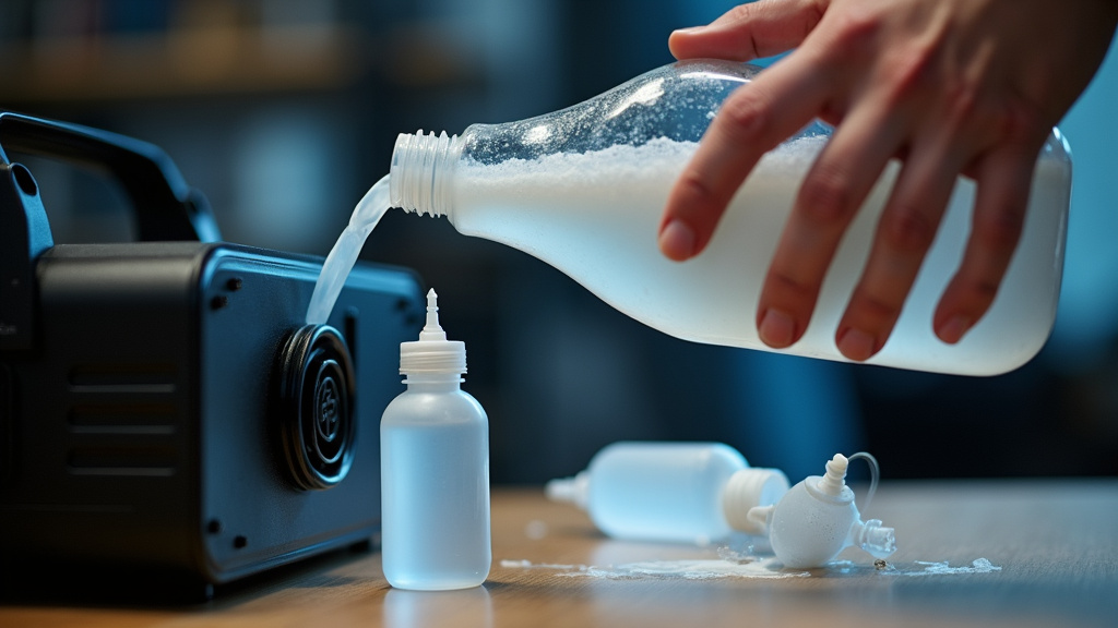 Pouring fog machine fluid into rental unit with backup bottles for event