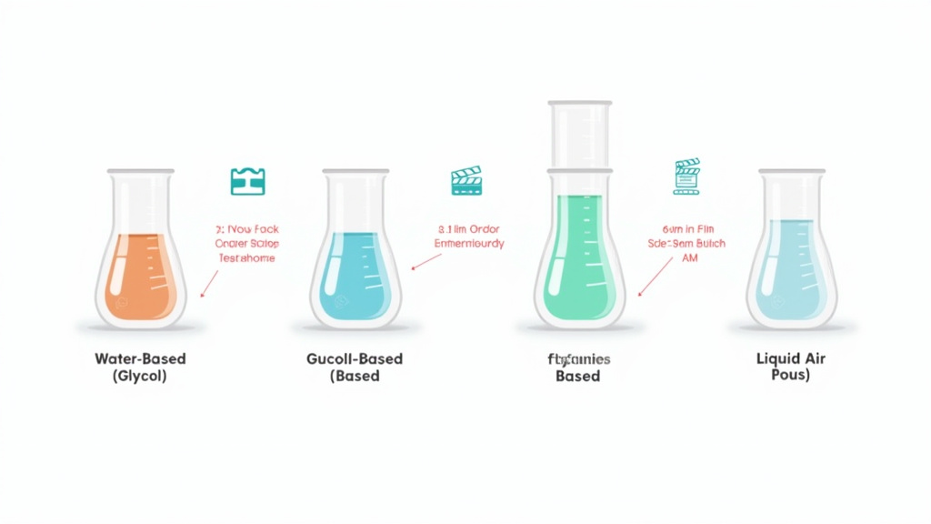 Diagram comparing four types of fog machine fluid and their recommended uses.