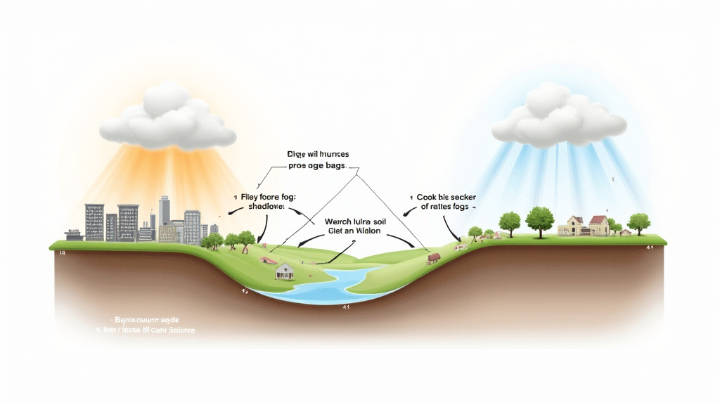 Diagram comparing urban heat island effect and rural radiation fog formation.