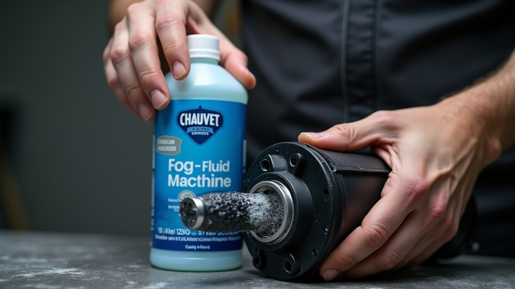 Fog machine fluid bottle and clogged pump head comparison for storage.