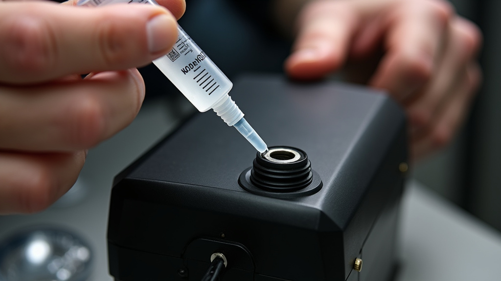 Using a syringe to force-clean a clogged fog machine pump inlet.