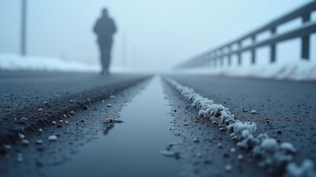 Freezing fog hazard creating black ice on road and rime ice on post.