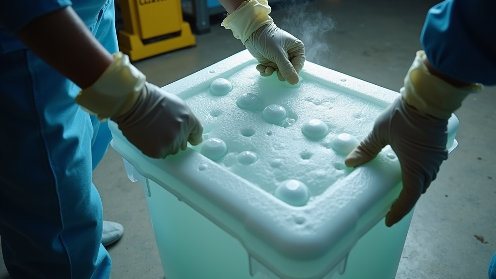 Professional dry ice disposal using a ventilated tote in an industrial setting.