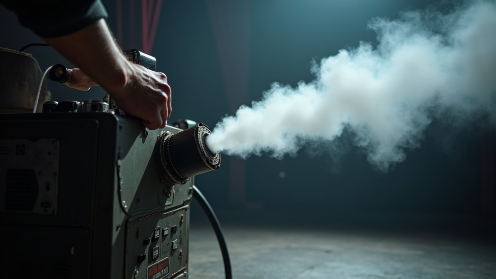 Technician servicing a vintage fog machine in a theater environment.