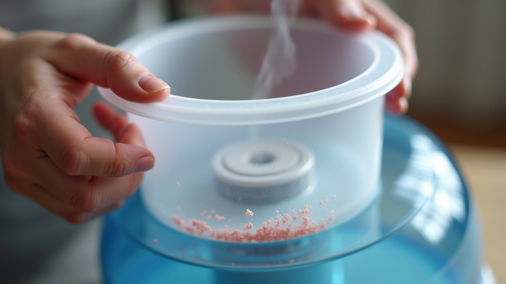Pink biofilm in warm-mist humidifier tank near heating element.