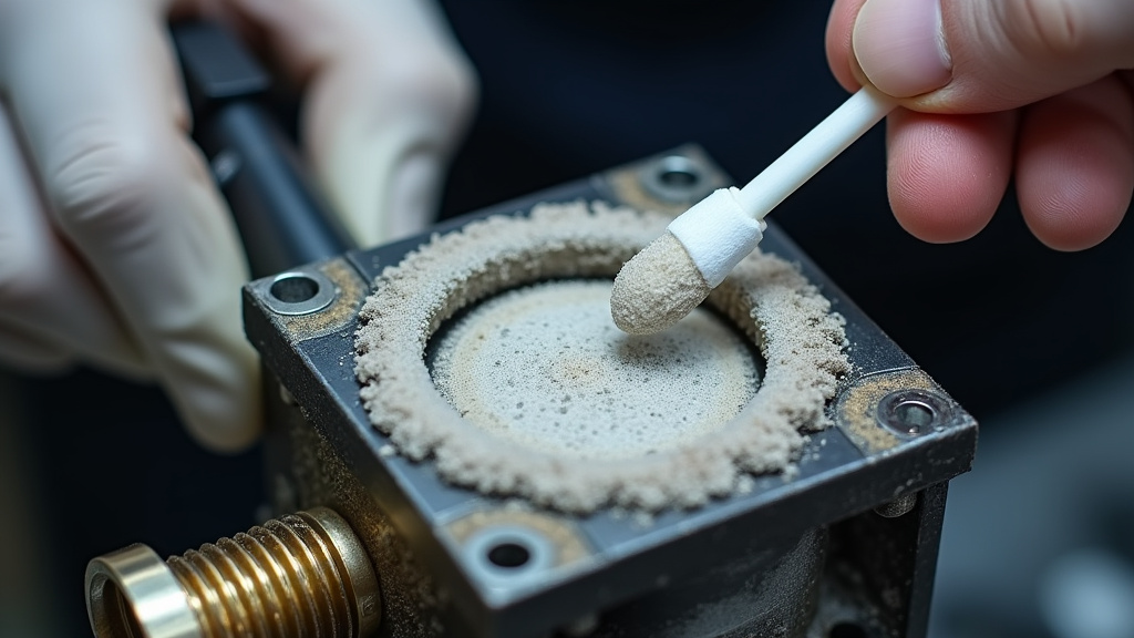Close-up of a severely clogged fog machine heater block with white crusty residue.