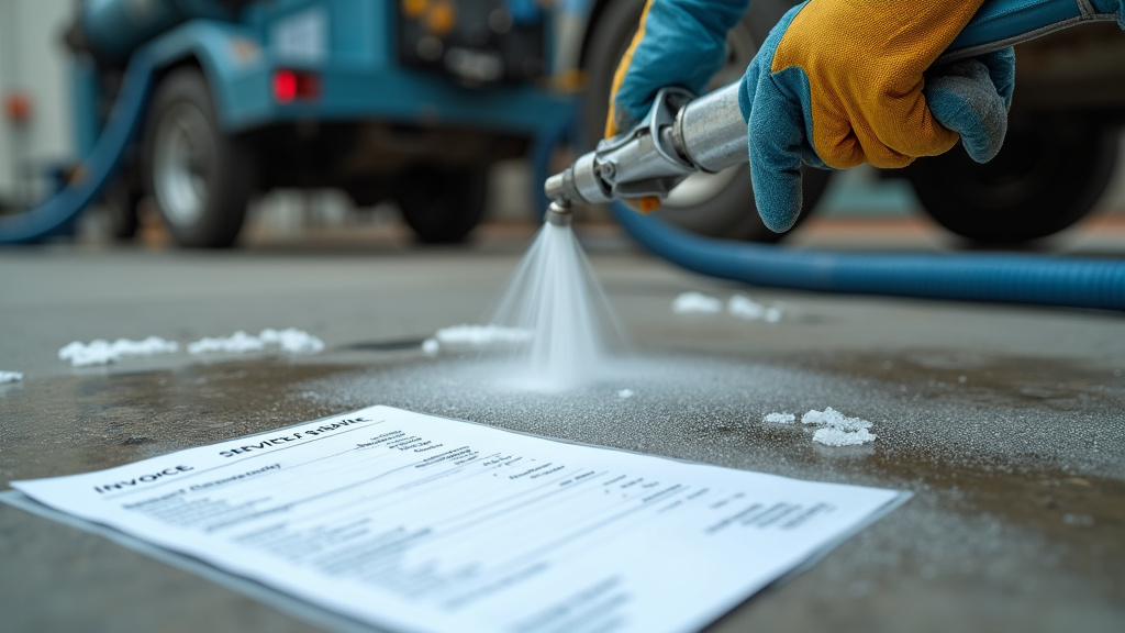Professional dry ice blasting service cleaning a floor with cost invoice visible.