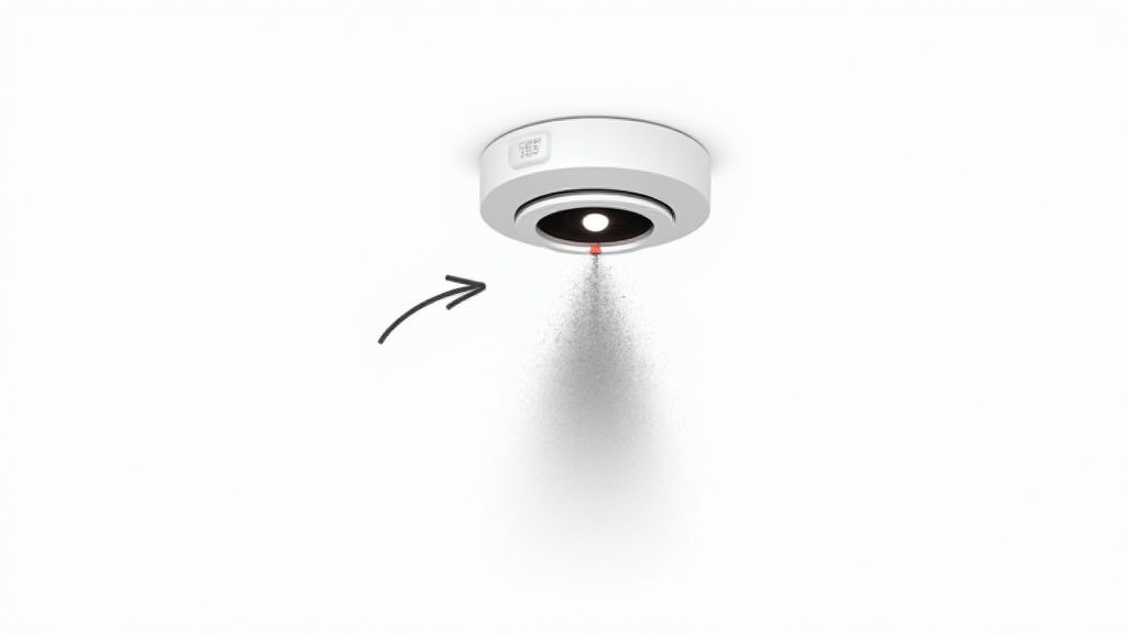 Diagram showing how fog machine particles scatter light inside a photoelectric smoke detector.