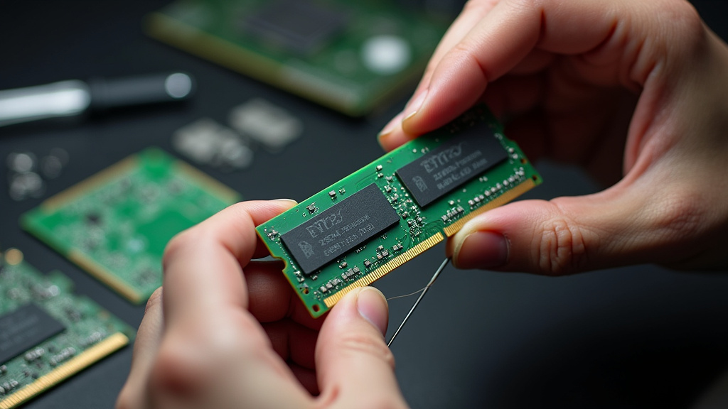 Close-up of hands repairing bent pin on MiSTer FPGA SDRAM module