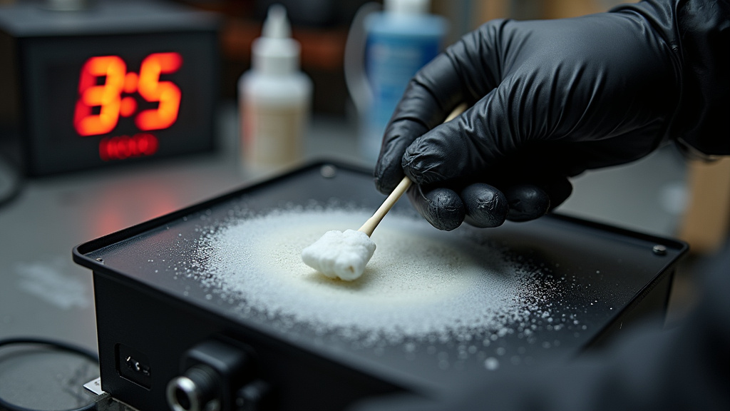 Cleaning thick white fog machine residue from the heating element with a cotton swab.