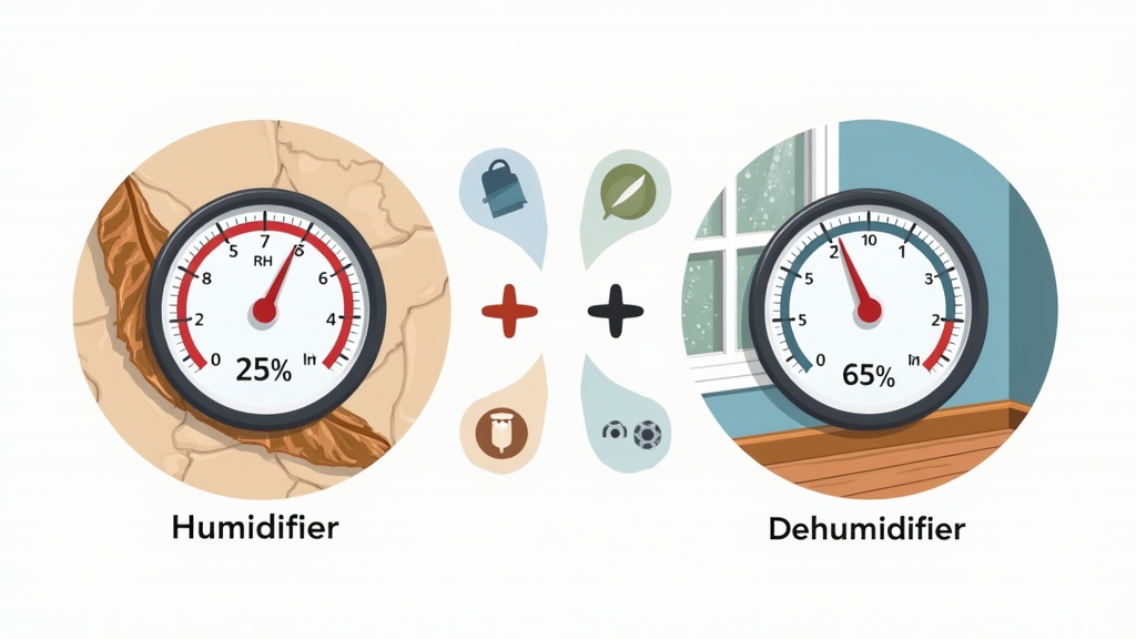 Seasonal humidity diagram comparing dry winter air versus muggy summer air effects.