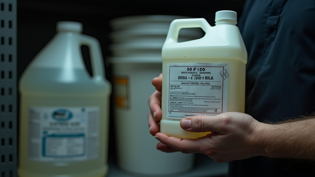 Fog machine fluid storage with dated label on a 4-liter jug and larger containers.