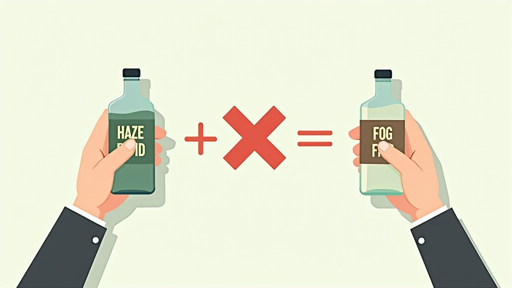 Cartoon showing haze fluid and fog fluid bottles with a clear 'do not mix' symbol.