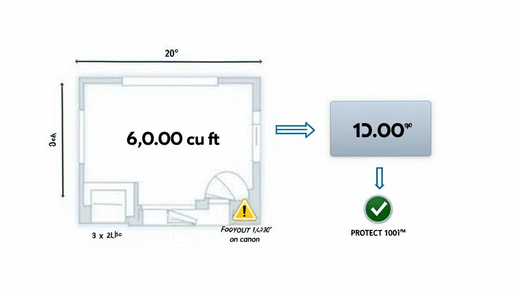 Diagram comparing fog cannon coverage to a measured warehouse volume for security.