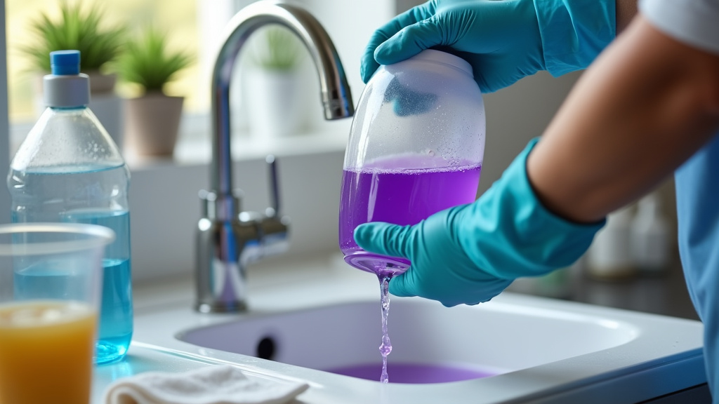 Cleaning a diffuser after using Fabuloso, pouring out purple liquid.