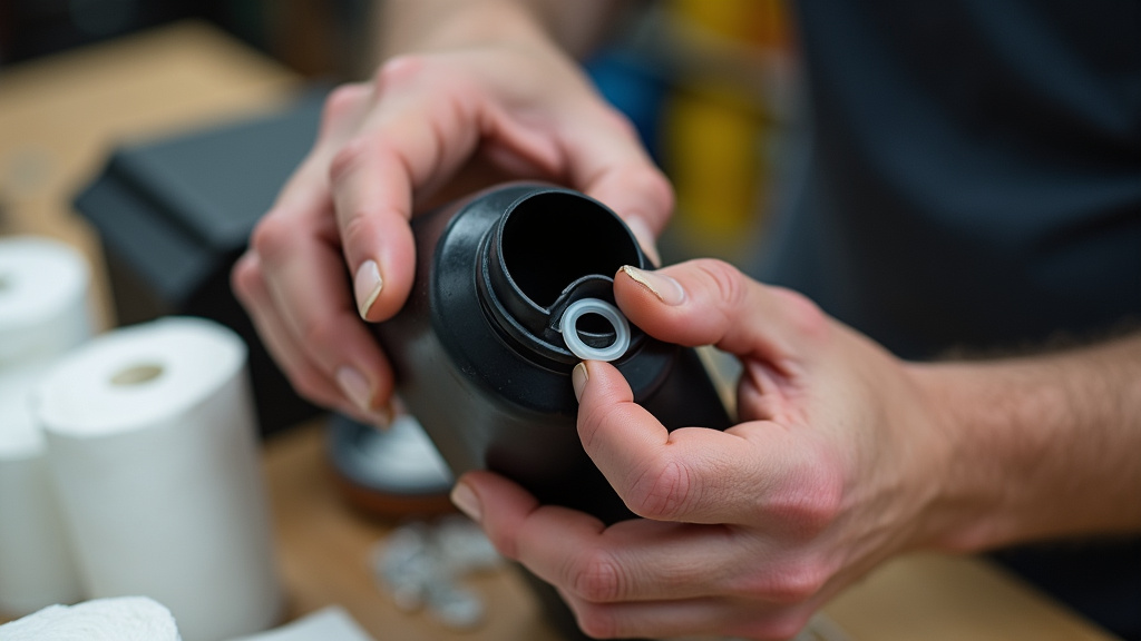 Close-up inspection of a cracked O-ring seal on a fog machine fluid tank.
